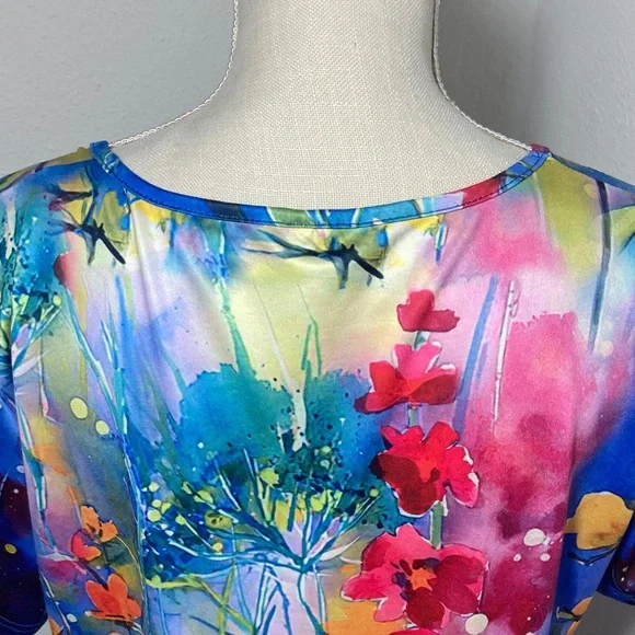 Colorful Short Sleeve Dress XL Pink Purple Yellow Floral Round Neckline Breezy - Picture 4 of 9